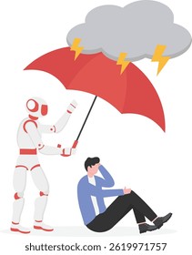 Robô moderno segurando guarda-chuva sobre o homem de negócios proteção mecanismo de inteligência artificial futurista tecnologia ilustração de vetor plano

