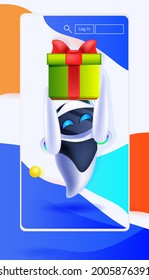 moderne Roboterhalterung Geschenkbox auf Smartphone-Bildschirm Geburtstag oder Feiertagsfeier künstliche Intelligenz