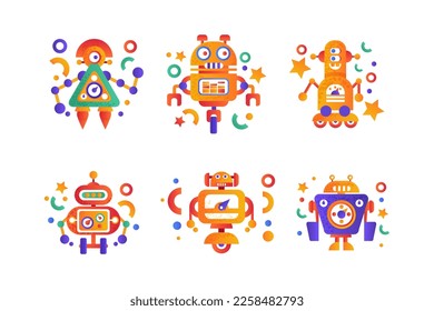 Modern Robot and Humanoid Bot with Face as Artificial Intelligence Flat Icon Vector Set