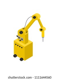 Modern robot with hydraulic hand vector banner, illustration of isolated on white backdrop machine on small wheels, set of control buttons and levers