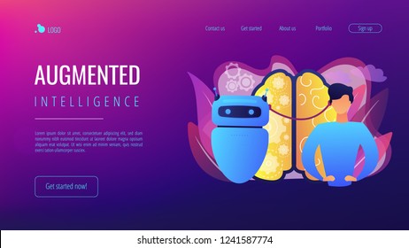 Modern robot intelligence and human brain connected. Augmented intelligence, human intelligence enhance, AI human support concept. Website vibrant violet landing web page template.