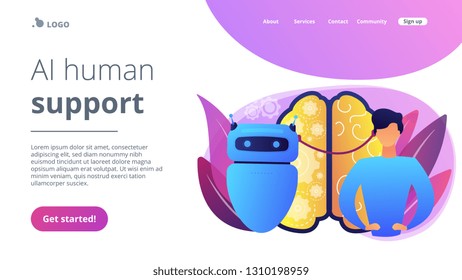 Modern robot intelligence and human brain connected. Augmented intelligence, human intelligence enhance, AI human support concept. Website vibrant violet landing web page template.