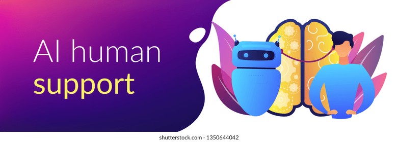 Modern robot intelligence and human brain connected. Augmented intelligence, human intelligence enhance, AI human support concept. Header or footer banner template with copy space.
