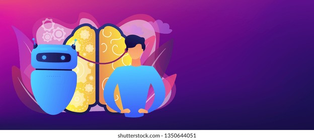 Modern robot intelligence and human brain connected. Augmented intelligence, human intelligence enhance, AI human support concept. Header or footer banner template with copy space.