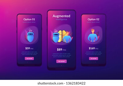 Modern robot intelligence and human brain connected. Augmented intelligence, human intelligence enhance, AI human support concept. Mobile UI UX GUI template, app interface wireframe