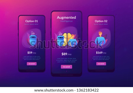 Modern robot intelligence and human brain connected. Augmented intelligence, human intelligence enhance, AI human support concept. Mobile UI UX GUI template, app interface wireframe