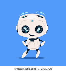 Modern Robot Isolated On Blue Background Cute Cartoon Character Artificial Intelligence Concept Flat Vector Illustration