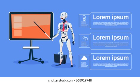 Modern Robot Leading Presentation On Digital Screen Futuristic Artificial Intelligence Technology Concept Flat Vector Illustration