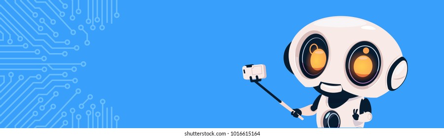 Modern Robot Make Self Portrait Photo On Smart Phone With Selfie Stick Over Circuit Background With Copy Space Flat Vector Illustration