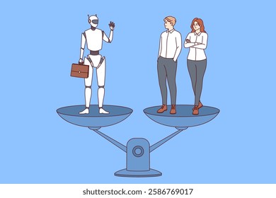 Modern robot and office workers stand on different scales, for concept of choosing between humans and AI. Humanoid robot replaces two managers thanks to machine learning and neural networks
