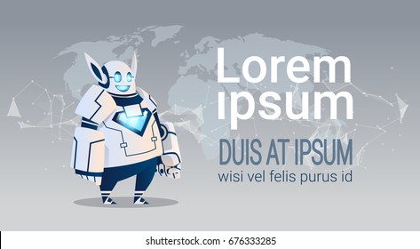 Robot moderno sobre el mapa mundial Inteligencia artificial Tecnología cerebral Ilustración vectorial plana