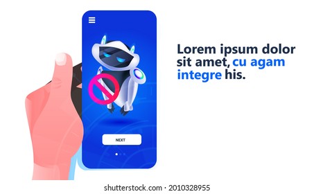 modern robot with prohibition sign running out of charge artificial intelligence technology charging concept