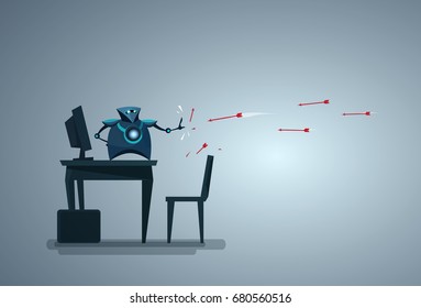 Modern Robot Protecting Computer Database From Attack Artificial Intelligence Data Security Technology Vector Illustration