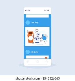 modern robot putting garbage bags recycling bin segregate waste sorting management artificial intelligence concept smartphone screen online mobile app sketch full length vector illustration