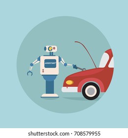 Modern Robot Repair Car Futuristic Artificial Intelligence Mechanism Technology Flat Vector Illustration