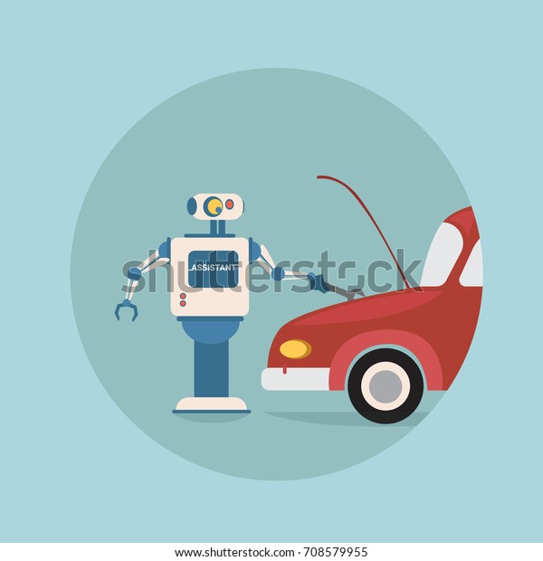 Modern Robot Repair\
Car Futuristic Artificial Intelligence Mechanism Technology Flat\
Vector Illustration