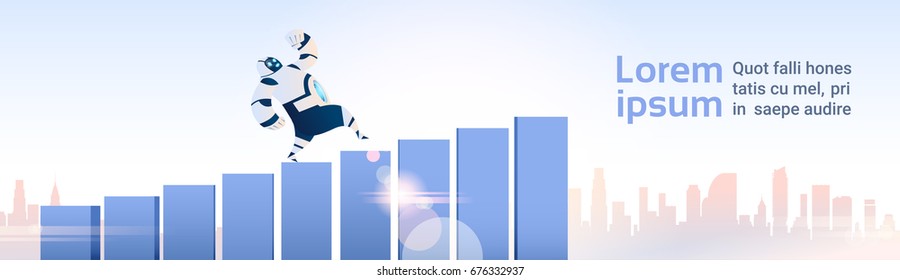Modern Robot Running Chart Bars Up Over City Landscape Artificial Intelligence Technology Flat Vector Illustration