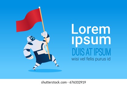 Modern Robot Running With Flag Artificial Intelligence Technology Flat Vector Illustration