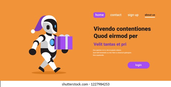 modern robot in santa claus hat carry gift box merry christmas happy new year concept artificial intelligence flat horizontal copy space vector illustration