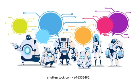 Modern Robot Set With Chat Bubbles Artificial Intelligence Technology Flat Vector Illustration