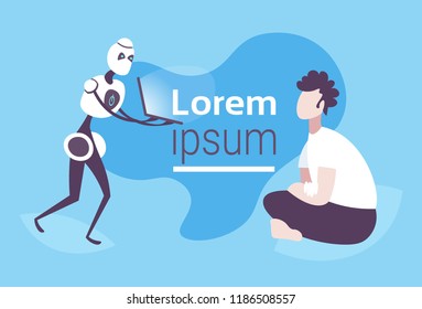 modern robot showing man laptop screen robotic machine vs human communication concept artificial intelligence assistance horizontal copy space vector illustration
