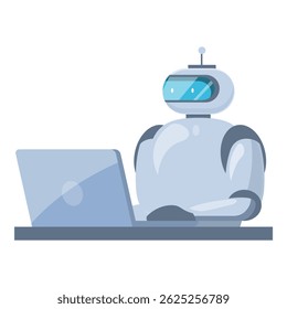 Modern robot is sitting at a desk and working on a laptop computer