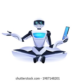 modern robot sitting lotus pose robotic character using tablet pc artificial intelligence technology concept