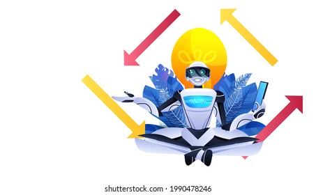 modern robot sitting lotus pose robotic character doing yoga exercise meditation relaxation artificial intelligence