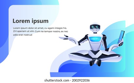 modern robot sitting lotus pose robotic character using tablet pc artificial intelligence technology concept