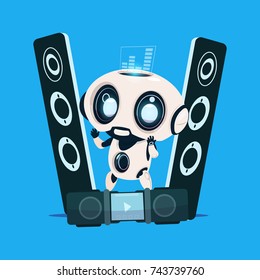 Modern Robot Standing On Audio Speakers On Blue Background Cute Cartoon Character Artificial Intelligence Concept Flat Vector Illustration