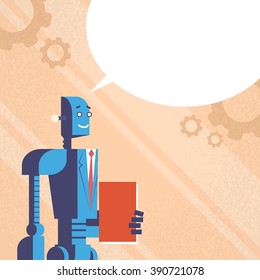 Modern Robot In Suit Hold Book With Empty Chat Bubble Flat Vector Illustration