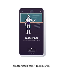 modern robot teacher standing in front of chalkboard artificial intelligence technology education concept school classroom smartphone screen mobile app full length copy space vector illustration