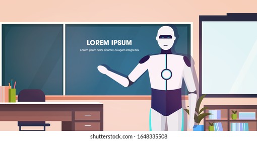 Moderner Roboterlehrer, der sich vor dem Chalkboard-Konzept der künstlichen Intelligenztechnik steht Moderner Schulunterricht Innenräume Horizontale Portrait Vektorillustration Illustration