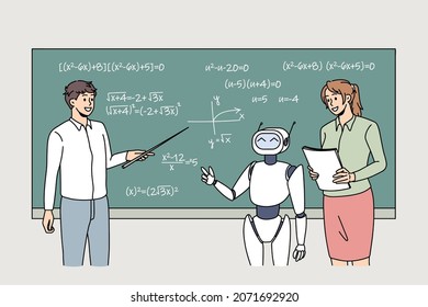 Robots y profesores modernos estudian en la pizarra en el aula de la universidad. Inteligencia artificial y concepto de innovación. Bot de enseñanza de ciencia digital. Concepto tecnológico. Ilustración vectorial. 