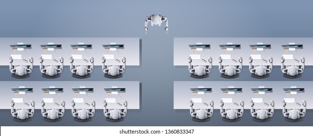 modern robot teaching humanoid robots group sitting at desks in classroom robotic school artificial intelligence concept flat top angle view horizontal