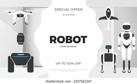 Modern robot technology vector banner template. Creative background with stylish robotic machine, drone, autonomous vehicle, smart home assistant. Future concept design