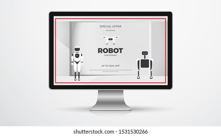 Modern robot technology vector banner template. Creative background with stylish robotic machine, drone, autonomous vehicle, smart home assistant. Future concept design