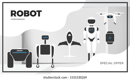 Modern robot technology vector banner template. Creative background with stylish robotic machine, drone, autonomous vehicle, smart home assistant. Future concept design