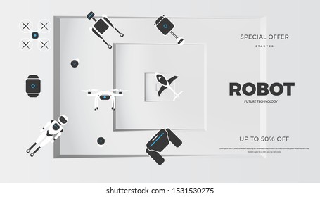 Modern robot technology vector banner template. Creative background with stylish robotic machine, drone, autonomous vehicle, smart home assistant. Future concept design