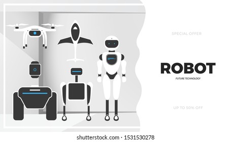 Modern robot technology vector banner template. Creative background with stylish robotic machine, drone, autonomous vehicle, smart home assistant. Future concept design