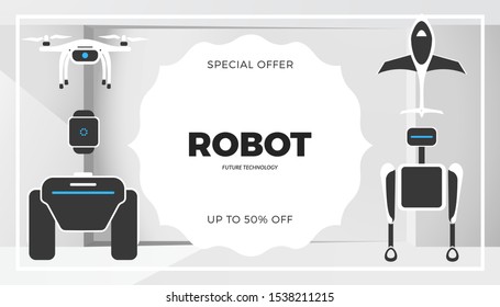 Modern robot technology vector banner template. Creative background with stylish robotic machine, drone, autonomous vehicle, smart home assistant. Future concept design
