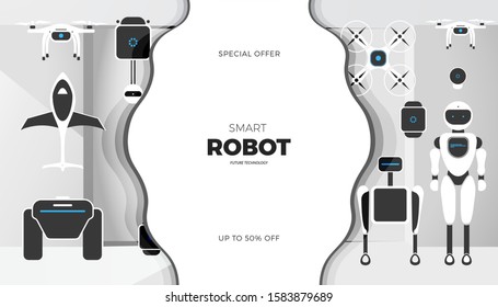 Modern robot technology vector banner template. Creative background with stylish robotic machine, drone, autonomous vehicle, smart home assistant. Future concept design