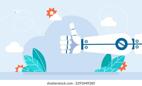 Modern Robot thumb up gesture like. Symbol of agreement, approval, success, hitchhiking. The success of artificial intelligence. Thumbs up white robot hand or robotic arm. Flat vector illustration