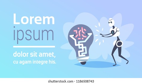 modern robot touching light lamp new creative idea concept bot helper assistance artificial intelligence generating innovation horizontal copy space flat vector illustration