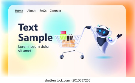 robot moderno con carrito de carritos lleno de bolsas de compras oferta especial venta concepto de inteligencia artificial horizontal