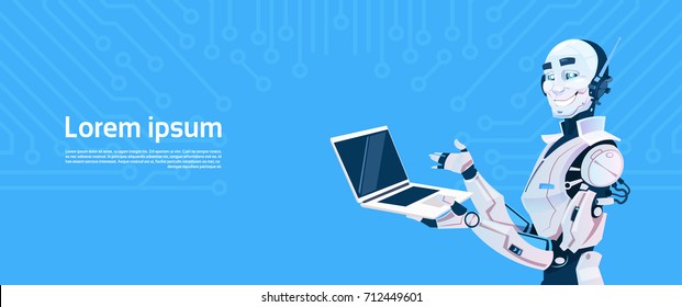 Modern Robot Using Laptop Computer, Futuristic Artificial Intelligence Mechanism Technology Flat Vector Illustration