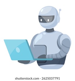 Modern robot is using a laptop, highlighting the concept of artificial intelligence working online