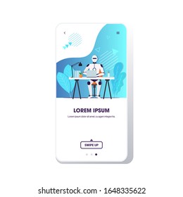 modern robot using laptop robotic businessperson sitting at workplace artificial intelligence technology business concept smartphone screen mobile app full length copy space vector illustration