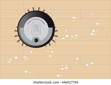 Modern robot vacuum cleaner working on wooden floor, technology vector illustration.