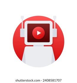 Robot moderno con icono de video, concepto multimedia de inteligencia artificial, ilustración vectorial para tecnología y streaming